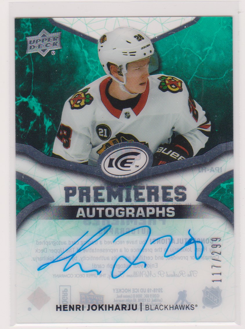 2018-19 UD Ice Premieres Autographs #IPAHJ Henri Jokiharju (image for) 2018-19 UD Ice Premieres Autographs #IPAHJ Henri Jokiharju